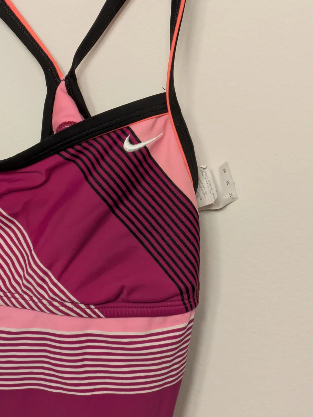 Nike Women’s Pink & Magenta Striped One-Piece Swimsuit with Black Trim - Picture 2 of 3